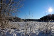 Sonne scheint auf ein schneebedecktes Feld - freies Bild